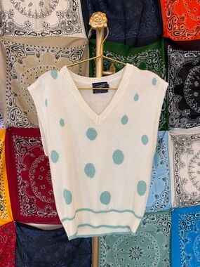 Vintage Haberdashery Cream V-Neck Sweater Vest with Mint Polka Dots
